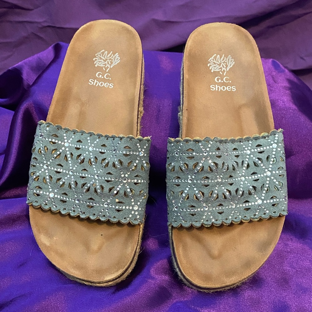 Bohemian Blue and Tan Jeweled Flat Sandals. Size 37 or 6.5.